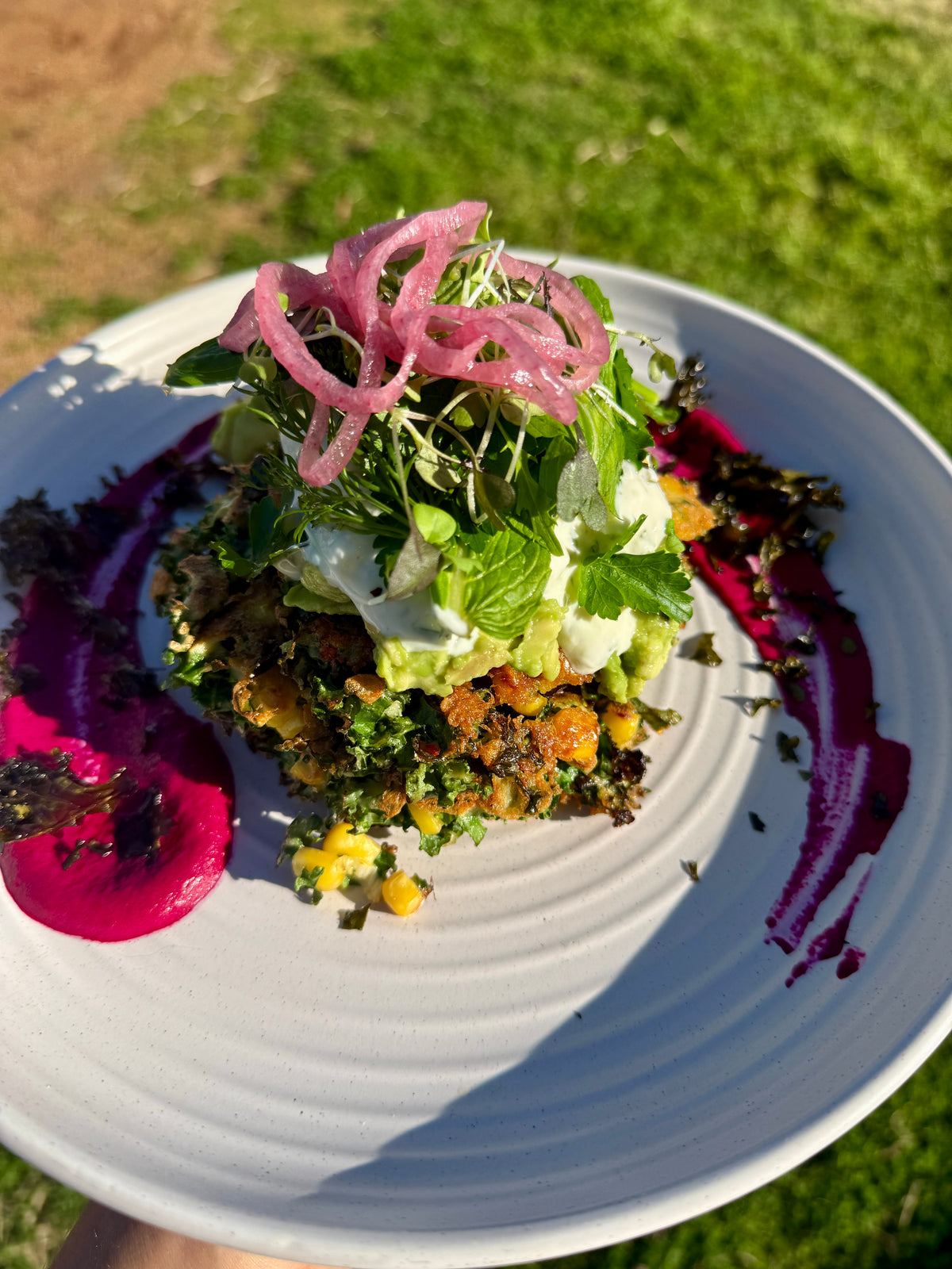 A plated stack of kale and corn fritters outdoors on a white plate, featuring greens, pickled red onions, avocado, crispy kale and beetroot feta, with a blurred green grassy background.